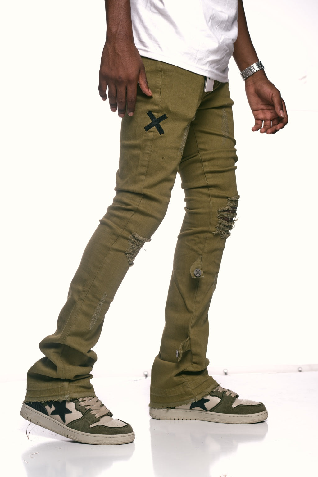 Olive distressed stack denims