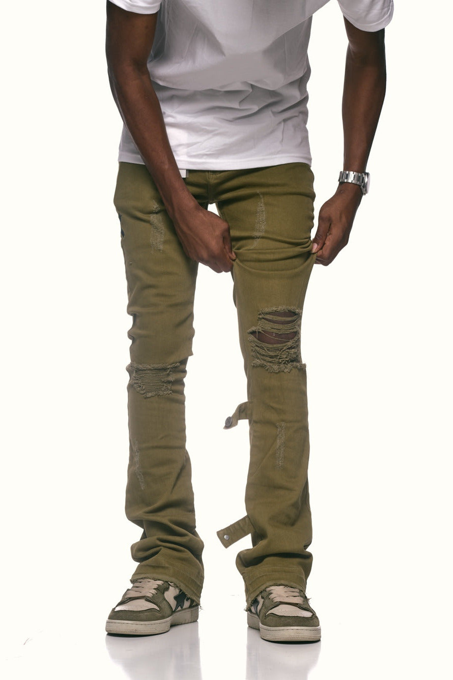 Olive distressed stack denims