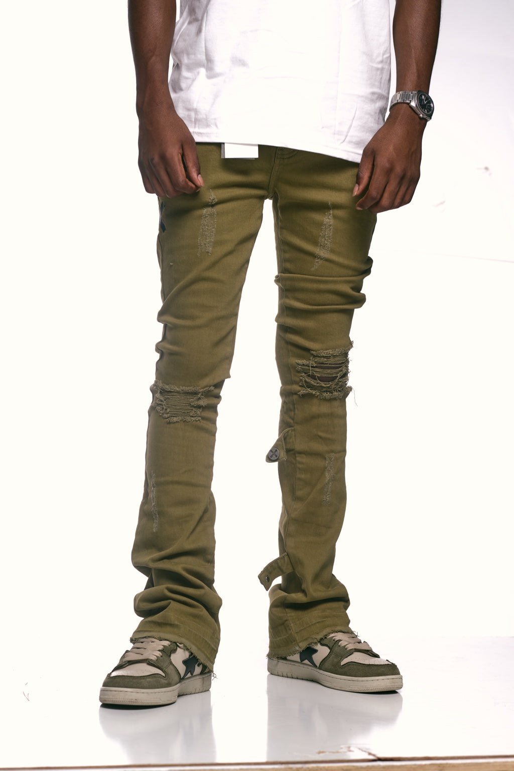 Olive distressed stack denims