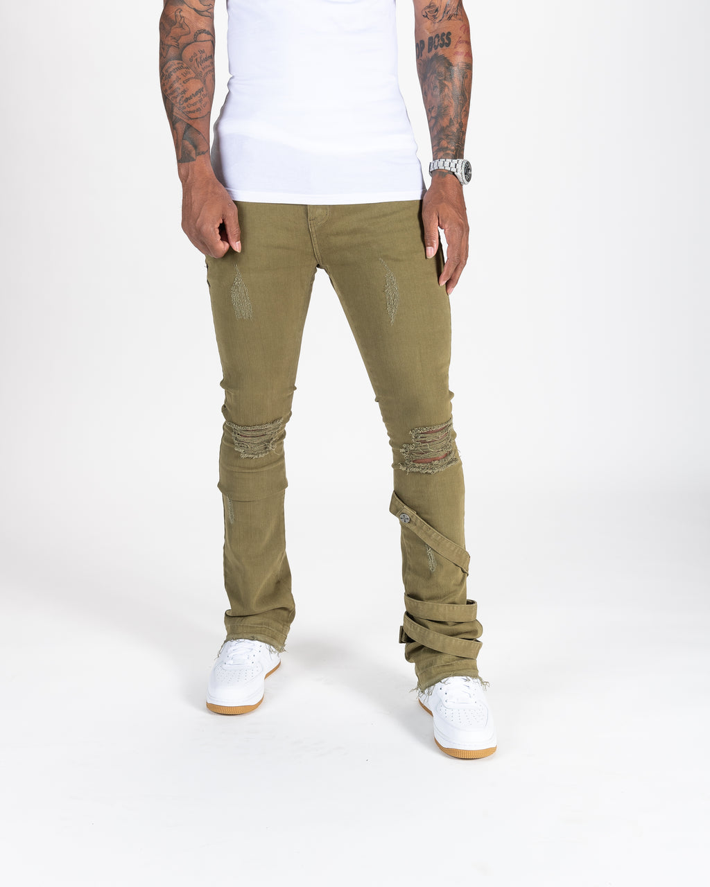 Olive distressed stack denims