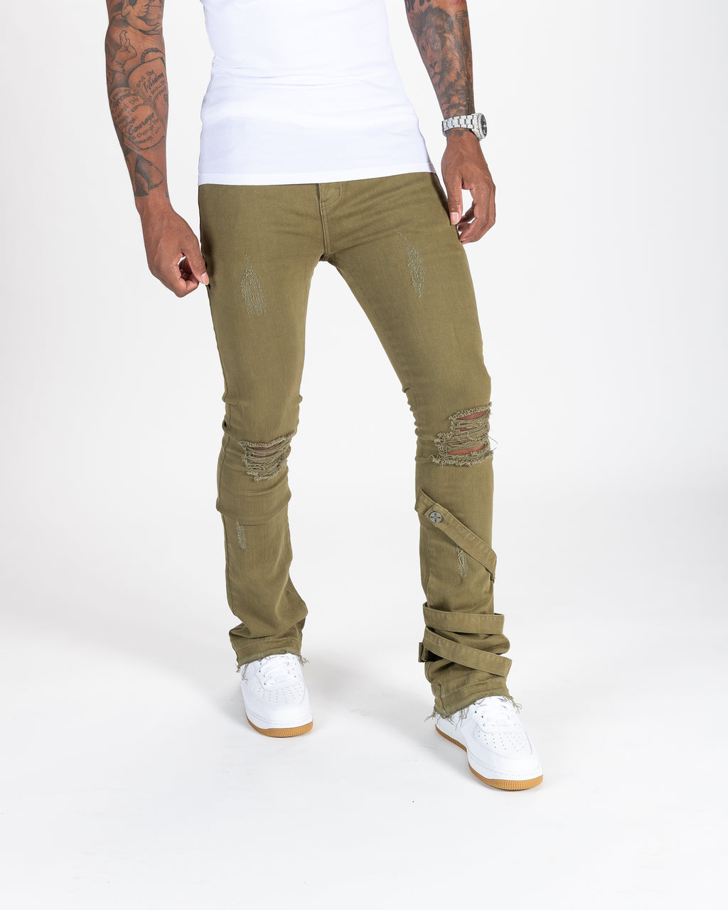 Olive distressed stack denims