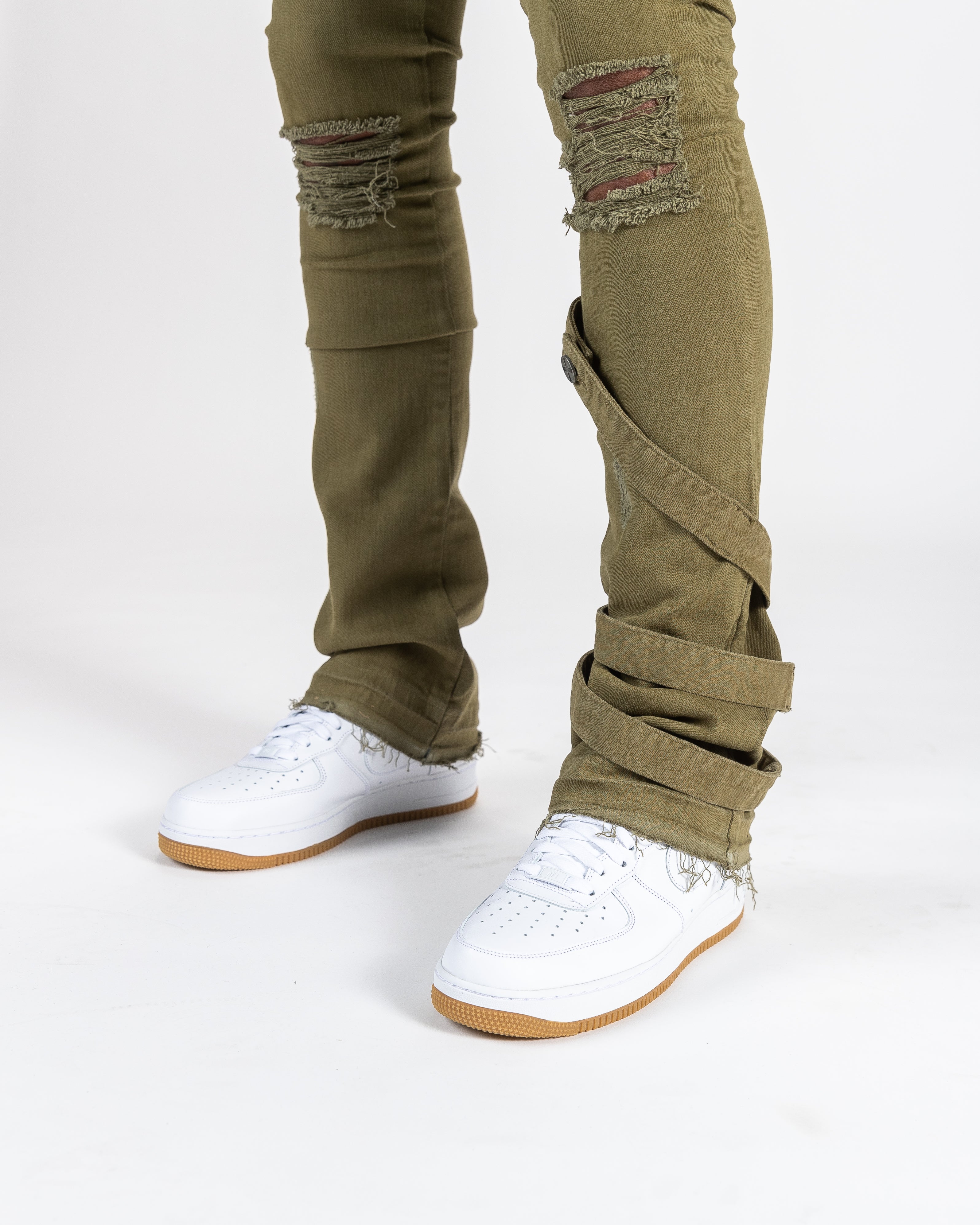 Olive distressed stack denims