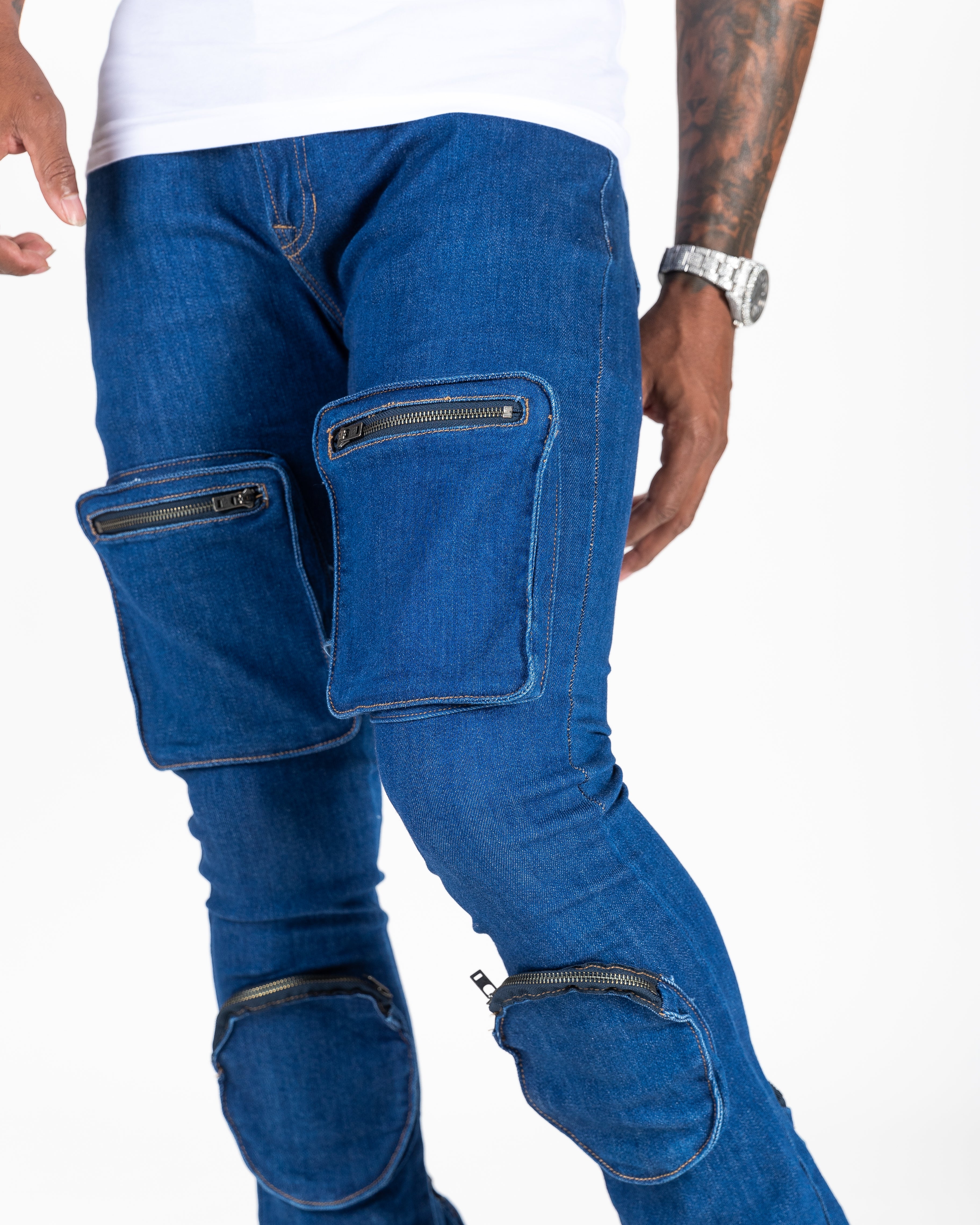 Indigeaux utility cargo denims